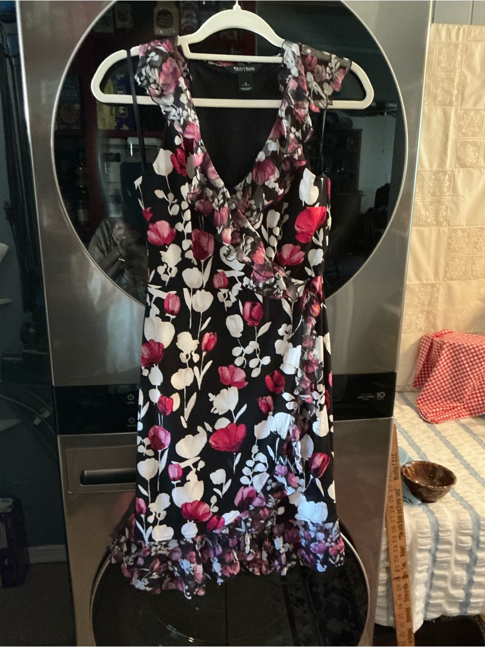 Ruffled Floral Wrap Dress in Black with Pink & White Blooms